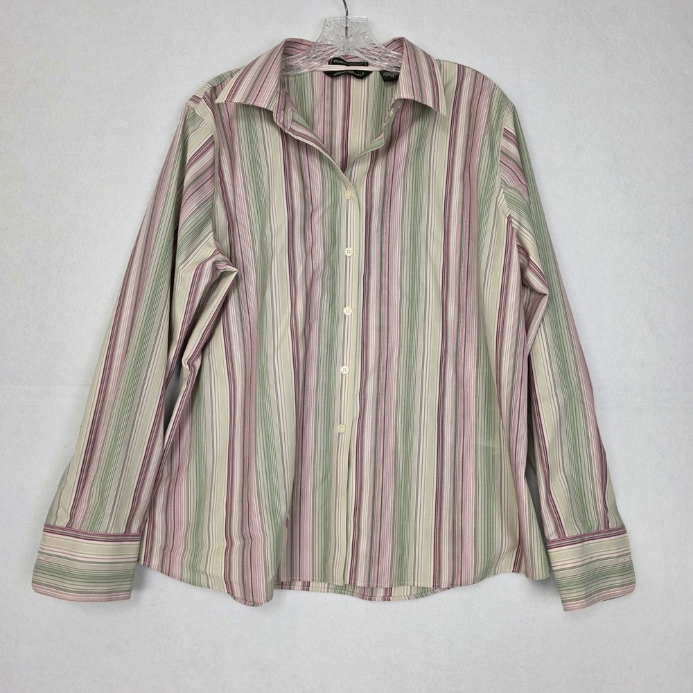 Eddie Bauer Womens XL Green Purple Striped Wrinkle Resistant Cotton Button Shirt